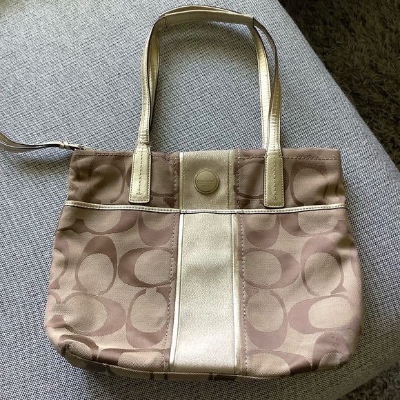 Coach Handbags - COACH F25771 Signature Monogram Jacquard Gold Sateen Shoulder Bag